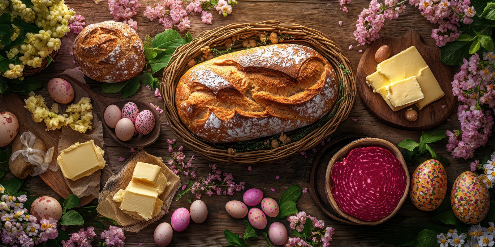 Delicious spread featuring artisan bread, butter, and decorated eggs surrounded by spring flowers